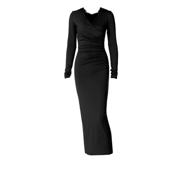 Ruched solid long sleeve v neck hoodie maxi dress