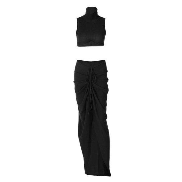 Conjunto de falda larga lisa fruncida con cuello alto, sin mangas, texturizada y con aberturas 