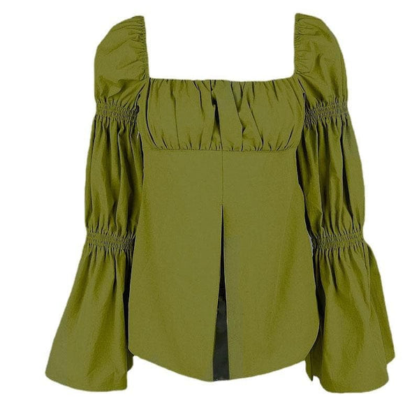 Flared pleated sleeve smocked square neck slit solid top y2k 90s Revival Techno Fashion