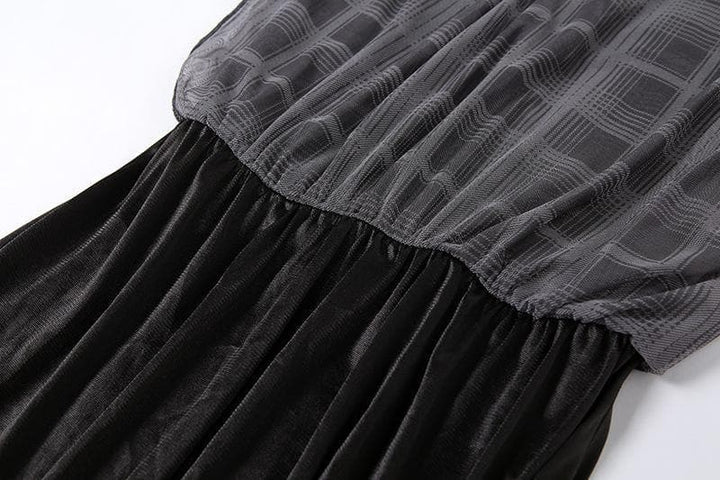 Mesh short sleeve plaid A line ruffled dress - Halibuy