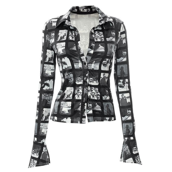 Turnover collar buttoned flared long sleeve print top - Halibuy