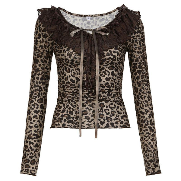 Long sleeve ruffle leopard print bowknot ribbon top