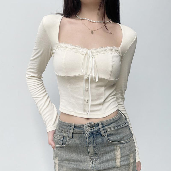 Square neck lace hem button solid long sleeve top