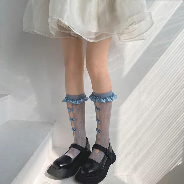 Lace hollow out bowknot satin long socks