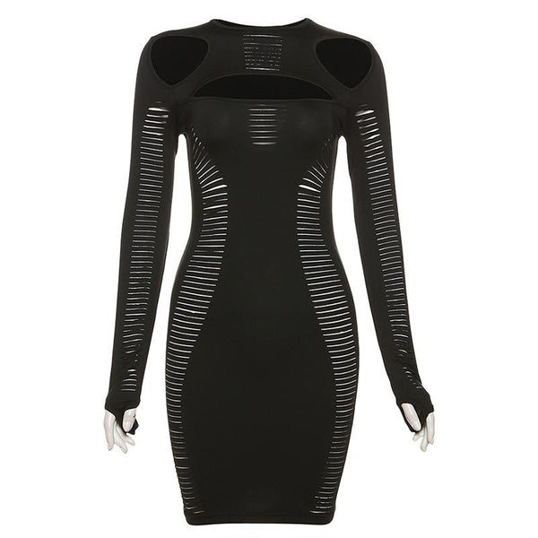 Hollow out long sleeve gloves solid crewneck mini dress