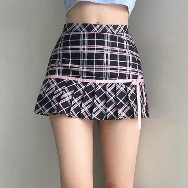 Pleated contrast bowknot plaid high rise mini skirt