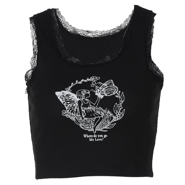 Lace hem butterfly pattern contrast sleeveless ribbed crop top y2k 90s Revival Techno Fashion