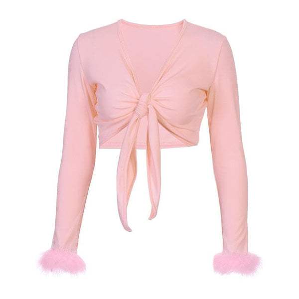 Feather knotted mesh see through long sleeve crop top fairycore Ethereal Fashion