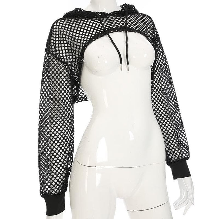 Fishnet Hollow Out Solid Long Sleeve Hoodie Shrug Top Y2k 90s Revival fishnet-hollow-out-solid-long-sleeve-hoodie-shrug-top-y2k-90s-revival