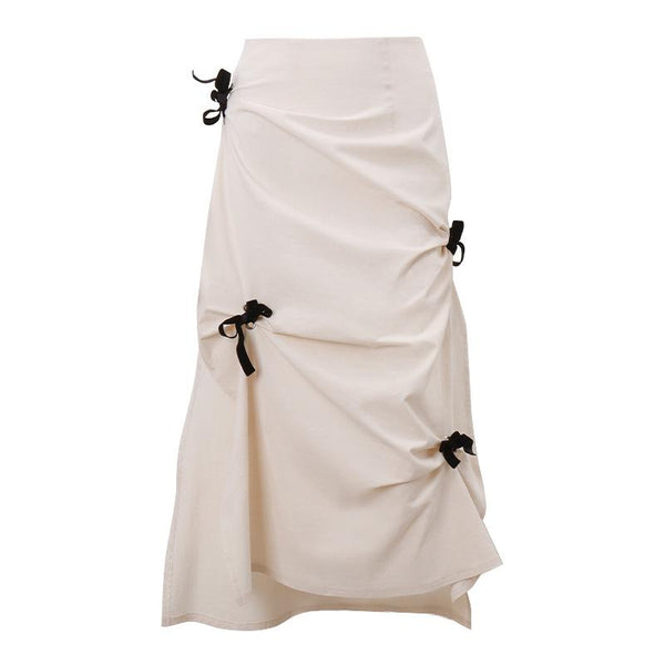 Falda midi con lazo, fruncido, cremallera, abertura en contraste irregular 