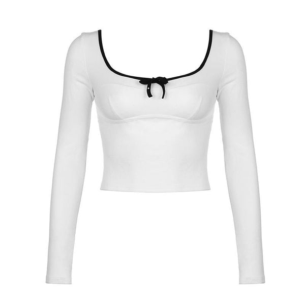 Square neck bowknot contrast long sleeve crop top