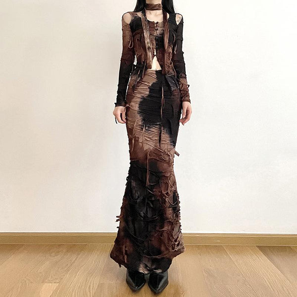 Conjunto de falda larga de talle bajo con cremallera en contraste y teñido anudado texturizado 