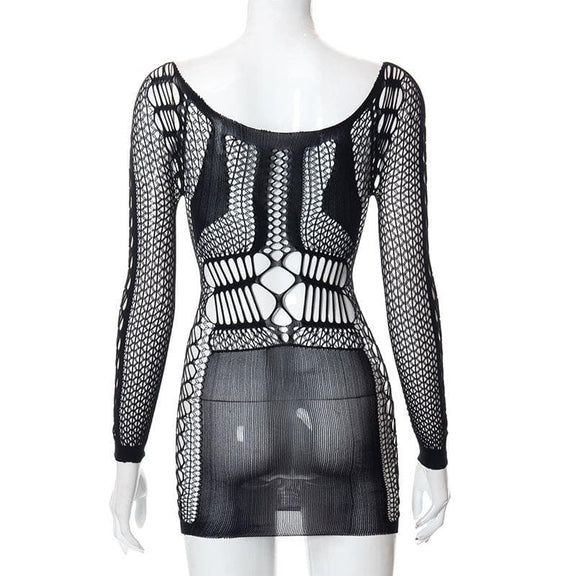 Fishnet long sleeve hollow out see through mini dress goth Alternative ...