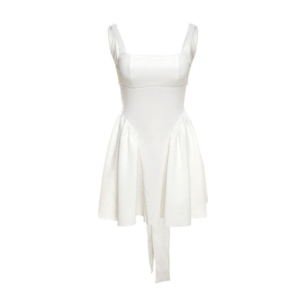Ruched solid sleeveless square neck bowknot backless mini dress