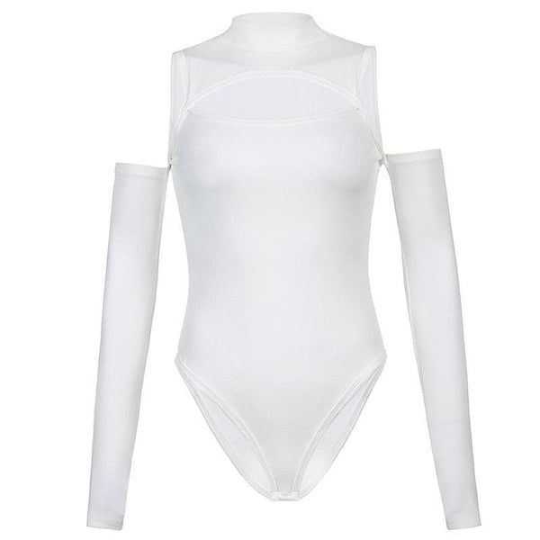 High neck hollow out off shoulder solid bodysuit y2k 90s Revival Techno Fashion