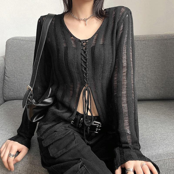 Solid long sleeve knitted slit lace up self tie top y2k 90s Revival Techno Fashion