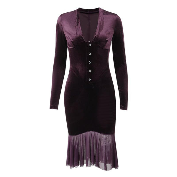 Velvet button ruffle long sleeve v neck solid midi dress