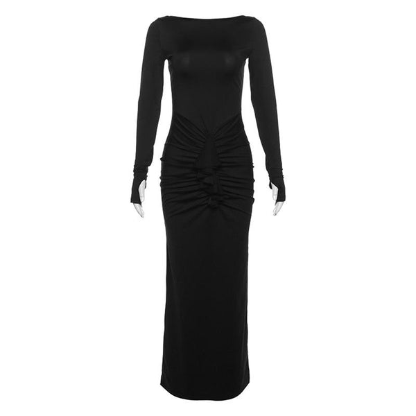 Ruched long sleeve solid gloves round neck maxi dress