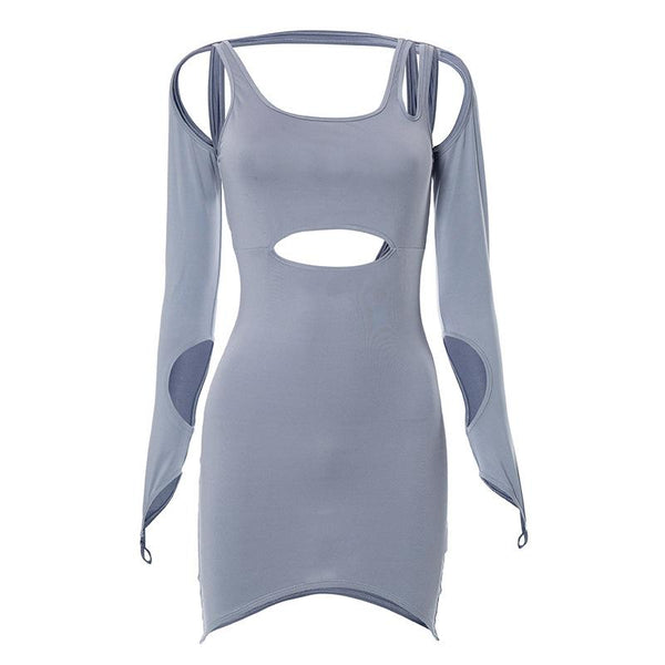 Hollow out irregular solid gloves backless mini dress