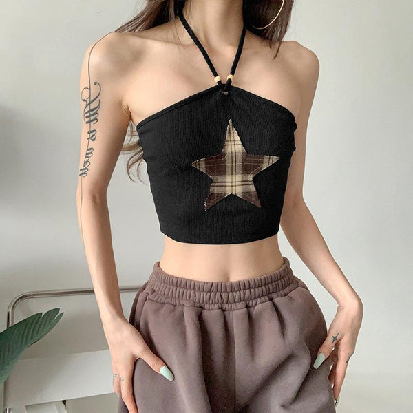 Halter contrast star pattern self tie backless crop top y2k 90s Revival Techno Fashion