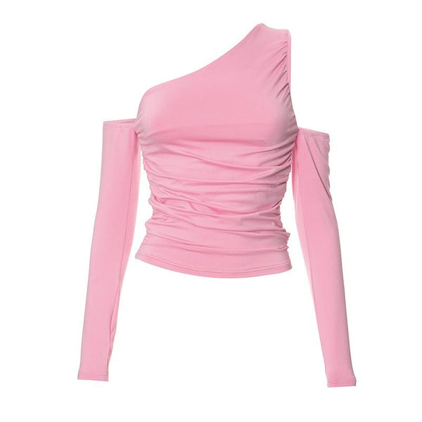 Long sleeve one shoulder irregular ruched solid top