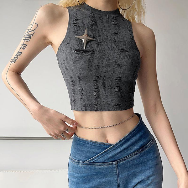 Sleeveless textured star applique hollow out solid crop top grunge 90s Streetwear Disheveled Chic Fashion grunge 90s Streetwear Distressed Fashion
