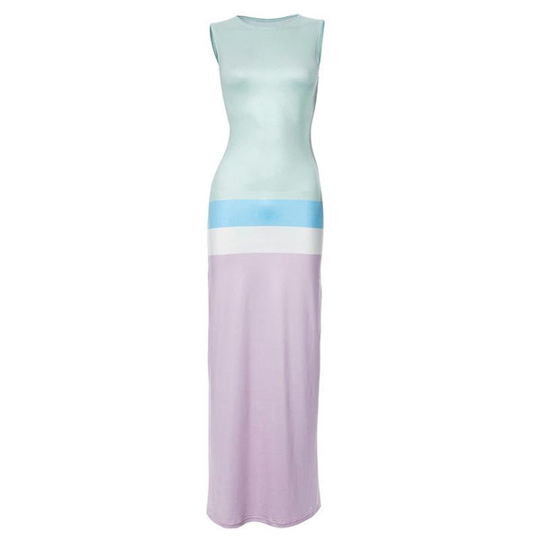 Sleeveless crewneck contrast striped maxi dress