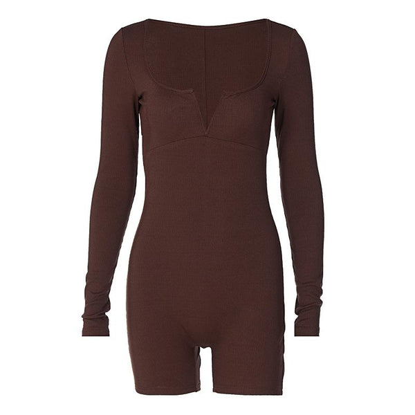 Ribbed notch neck long sleeve solid romper