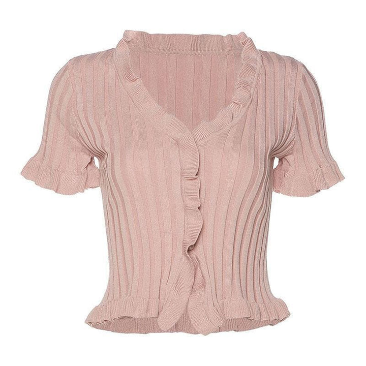 Short sleeve ribbed ruffled buttoned crop top - Halibuy