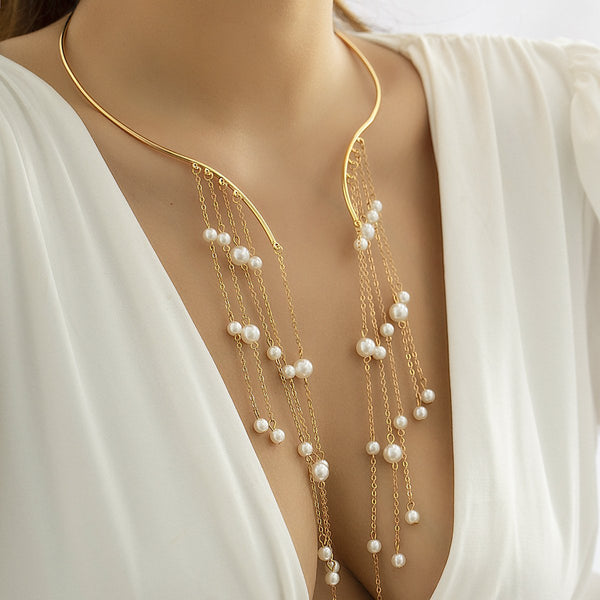 Faux pearl contrast tassels open necklace