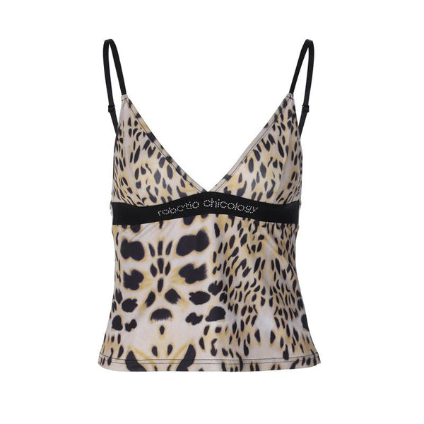 Estampado de leopardo con cuentas patchwork v cuello sin espalda cami top y2k 90s Revival Techno Fashion 