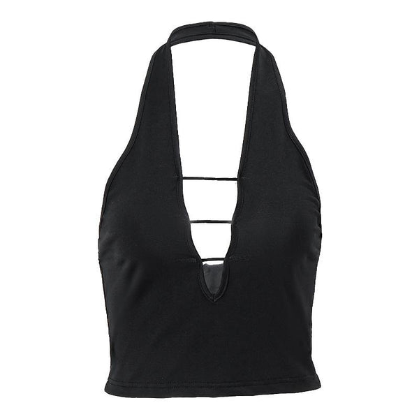 Halter irregular v neck backless solid crop top y2k 90s Revival Techno Fashion