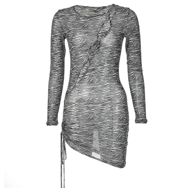 Zebra print hollow out irregular long sleeve sheer mesh see through mini dress