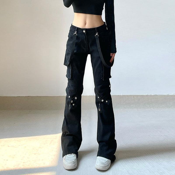 Botón cargo bolsillo cinta baja altura jeans sólidos y2k 90s Revival Techno Fashion 