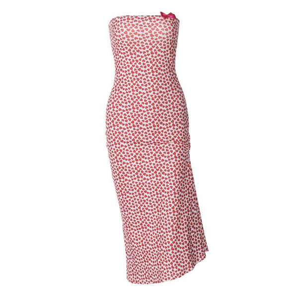 Heart print contrast slit bowknot backless tube midi dress