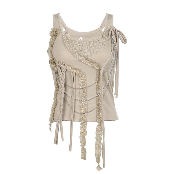 Metal chain sleeveless lace hem irregular solid top y2k 90s Revival Techno Fashion