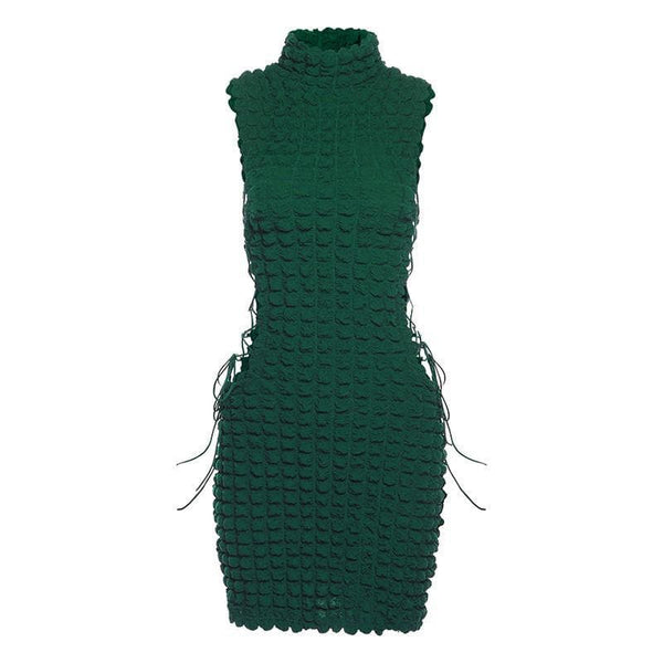 Sleeveless high neck lace up side mini dress - Halibuy