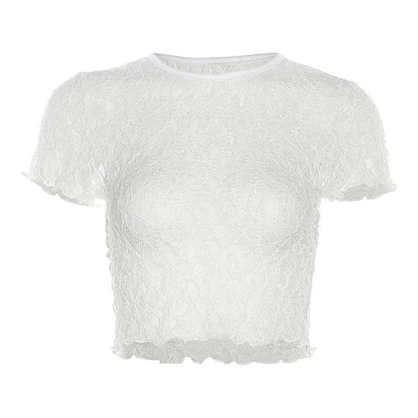 Lace see through solid ruffle short sleeve crewneck crop top y2k 90s Revival Techno Fashion