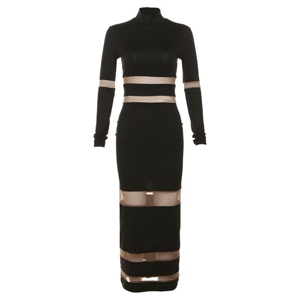 Patchwork mesh contrast long sleeve high neck maxi dress