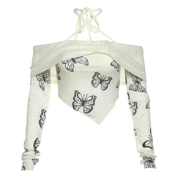 Butterfly print contrast off shoulder halter long sleeve crop top
