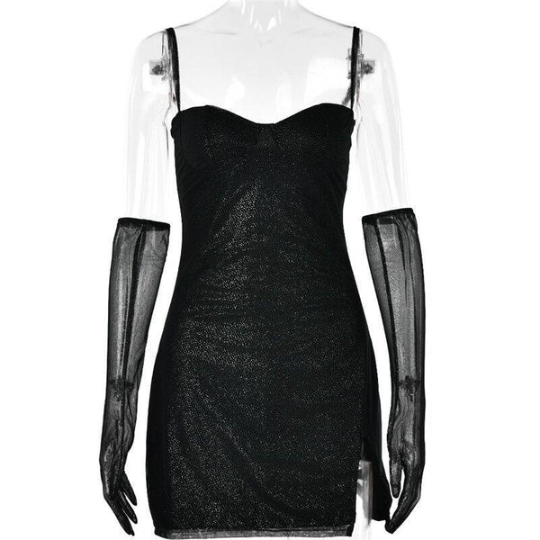 Textured mesh gloves sweetheart neck zip-up slit cami mini dress