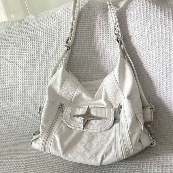 Star applique zip-up stitch PU leather crossbody purses bag