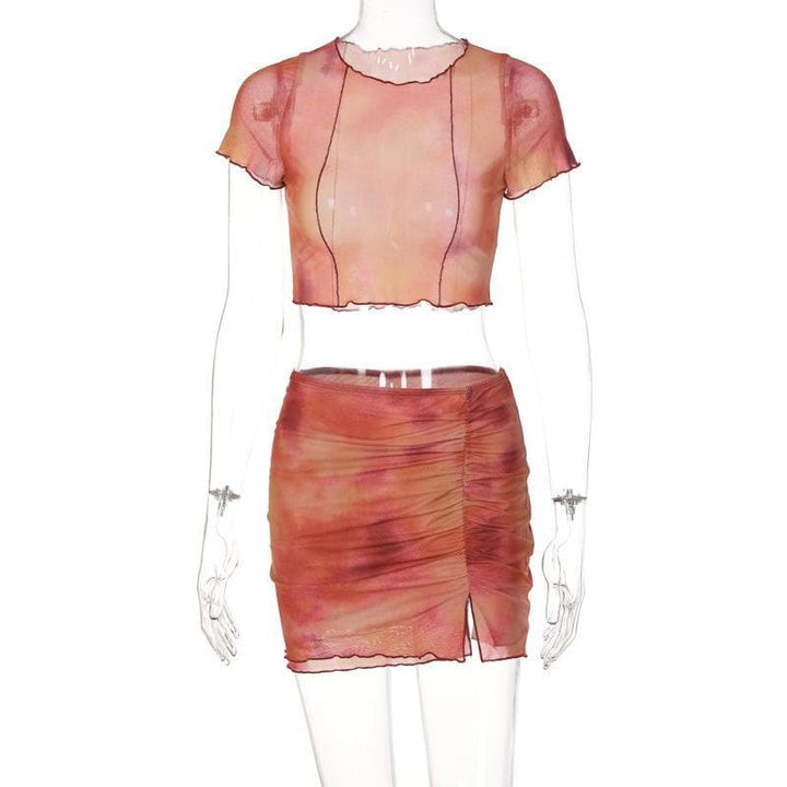 Ruffled sheer mesh print short sleeve skirt set - Halibuy