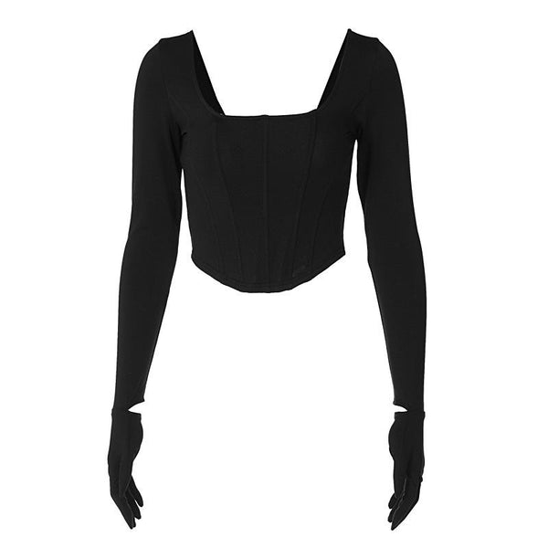 Long sleeve solid u neck gloves crop top y2k 90s Revival Techno Fashion
