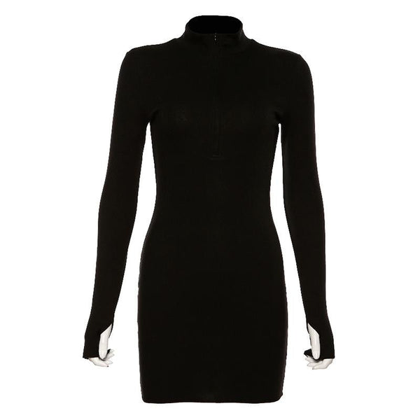 Gloves long sleeve solid zip-up high neck mini dress