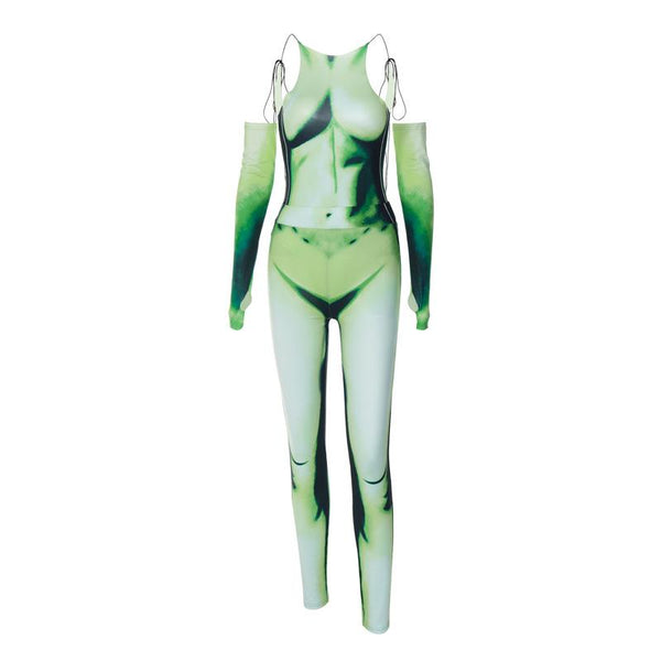 Body con patrón de cuerpo, guantes en contraste, mono con lazo y espalda descubierta, conjunto de pantalón, moda de ciencia ficción cyberpunk 