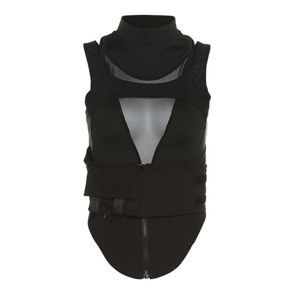 Hollow out high neck corset sleeveless zip-up crop top y2k 90s Revival Techno Fashion