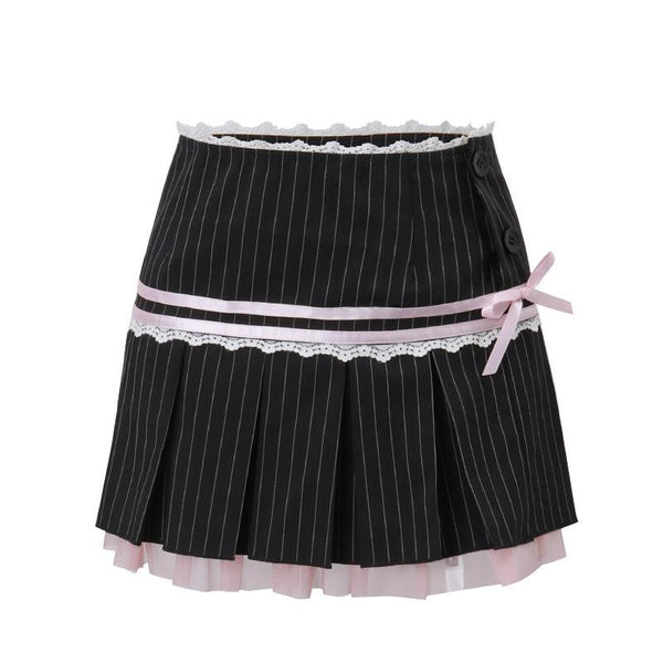 Pleated striped button lace hem bowknot stitch mini skirt