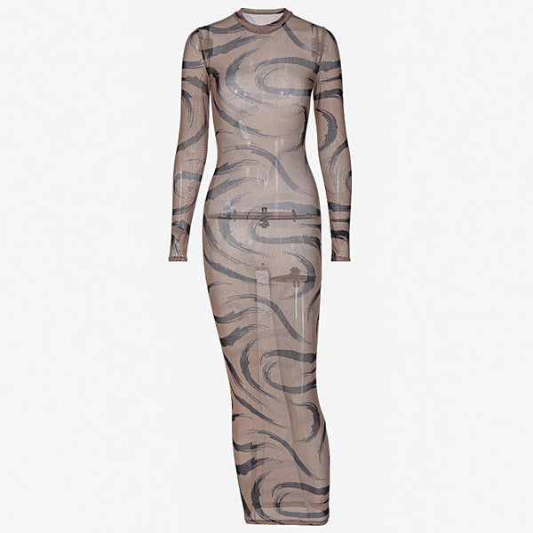 Sheer mesh see through long sleeve contrast print maxi dress y2k 90s Revival Techno Fashion