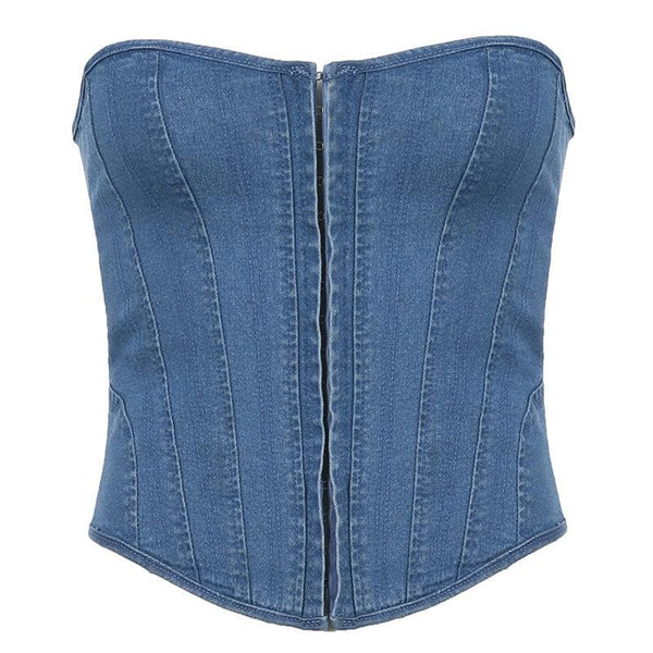Denim lace up back heart neck tube top y2k 90s Revival Techno Fashion
